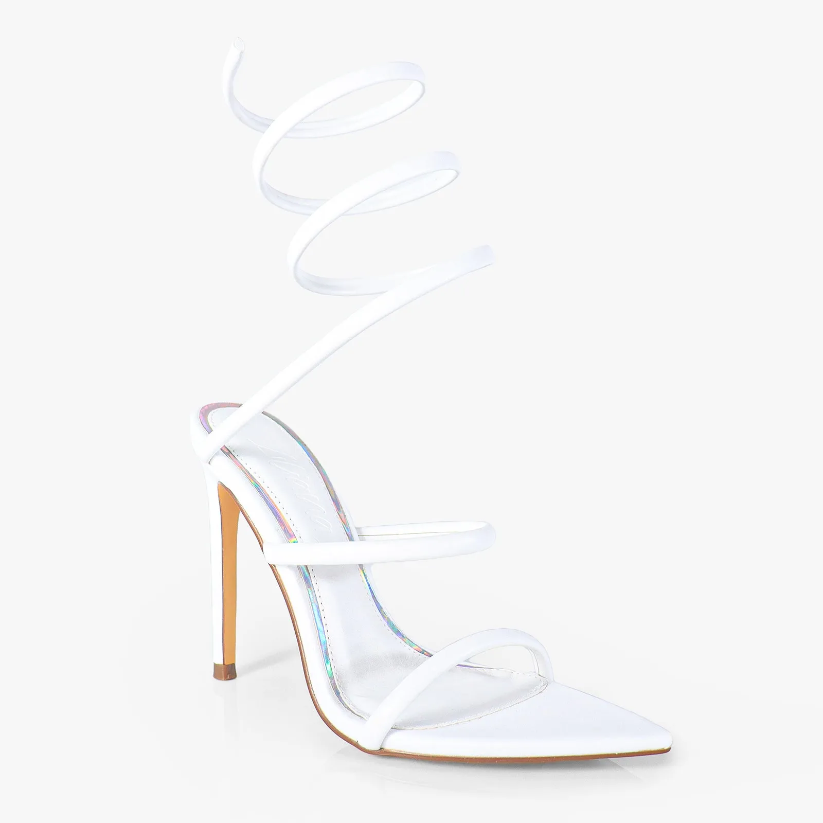 LAURENT-70 TUBULAR SPIRAL STRAP ON POINTED HEEL - WHITE