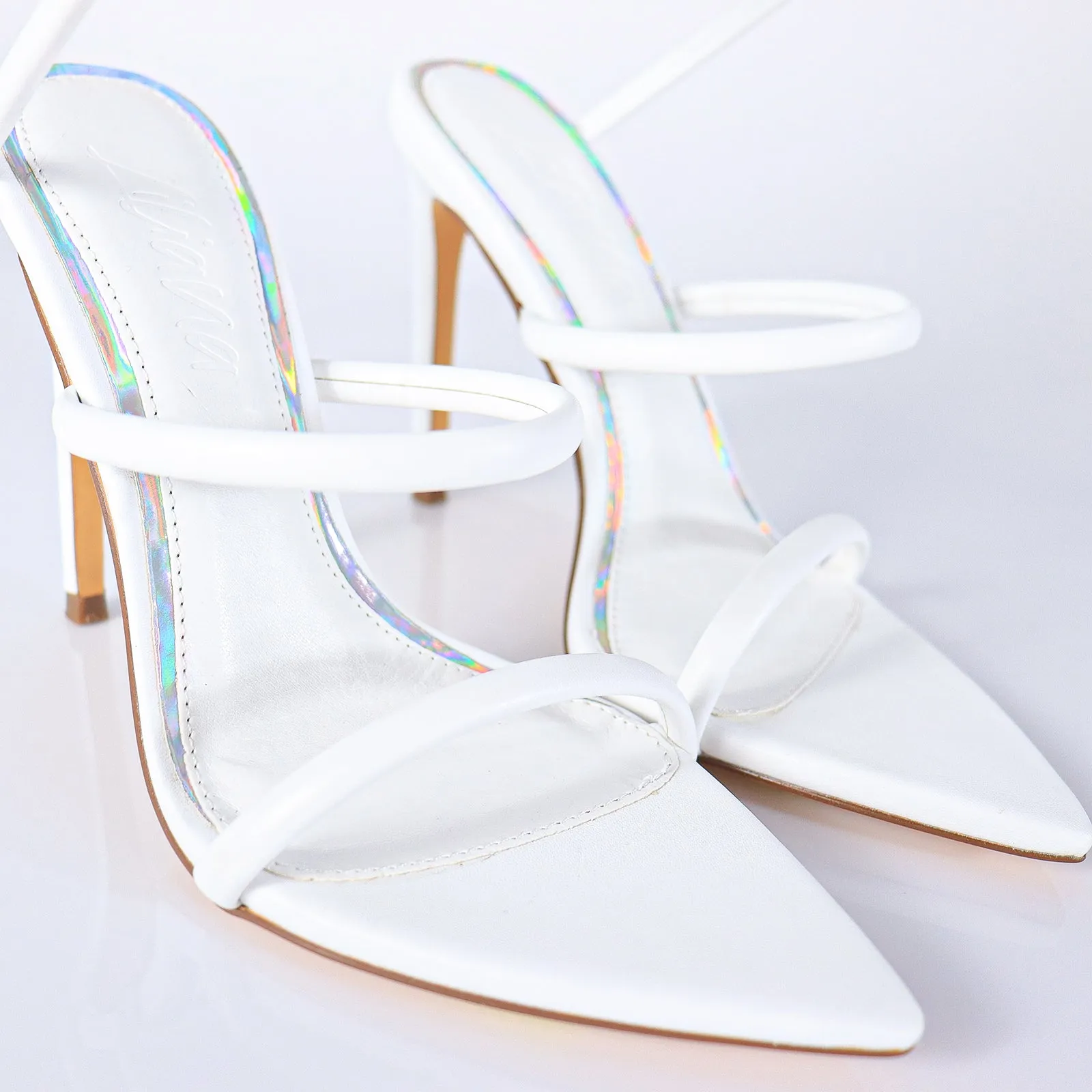 LAURENT-70 TUBULAR SPIRAL STRAP ON POINTED HEEL - WHITE