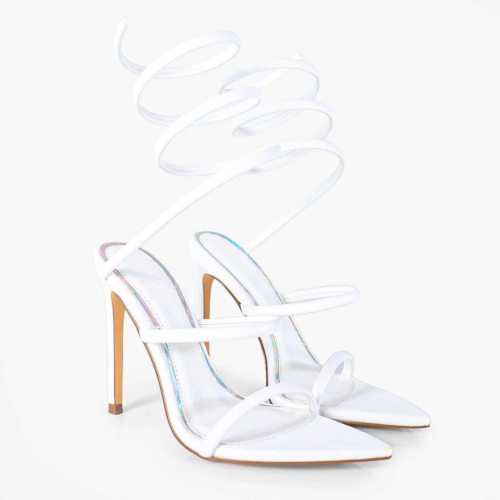 LAURENT-70 TUBULAR SPIRAL STRAP ON POINTED HEEL - WHITE