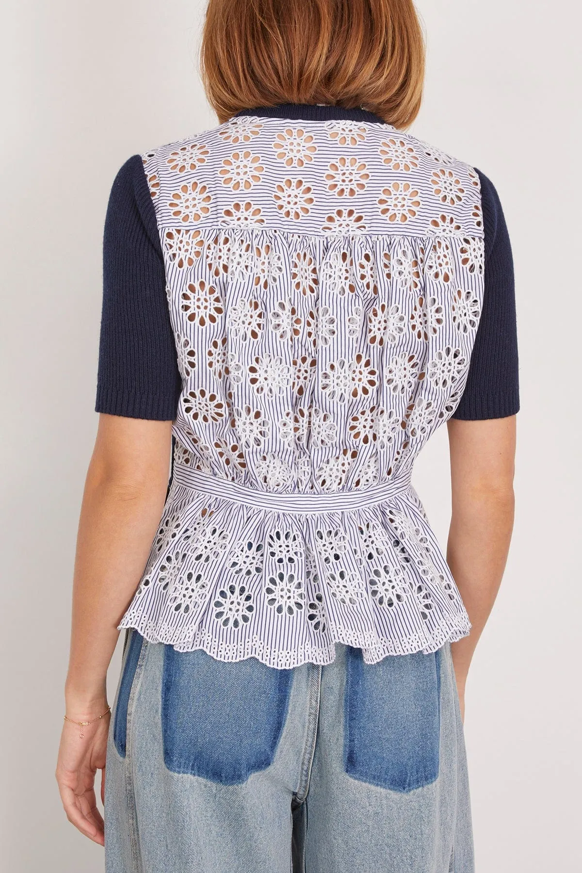 Lennon Short Sleeve Embroidered Top in Navy