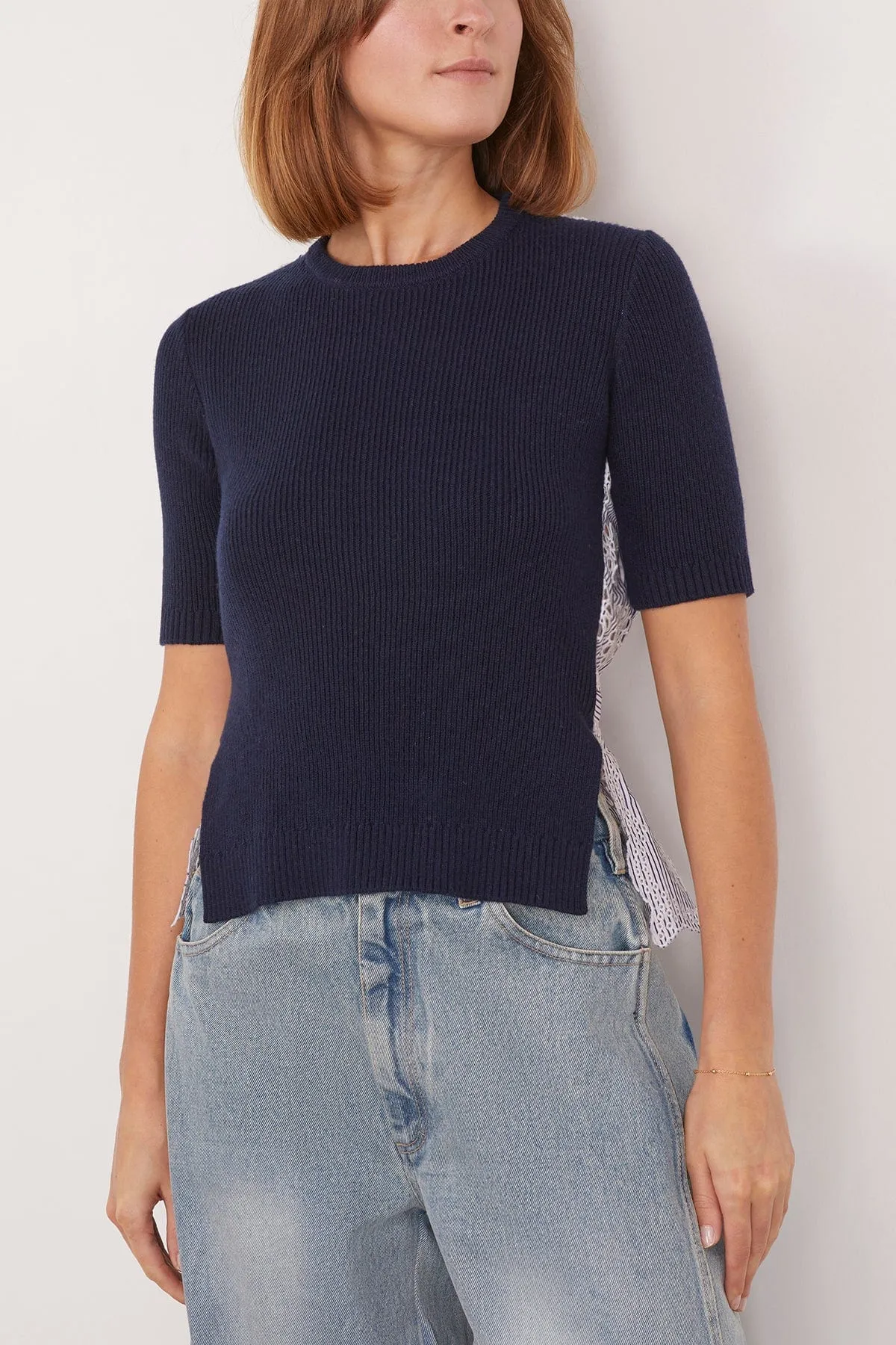 Lennon Short Sleeve Embroidered Top in Navy