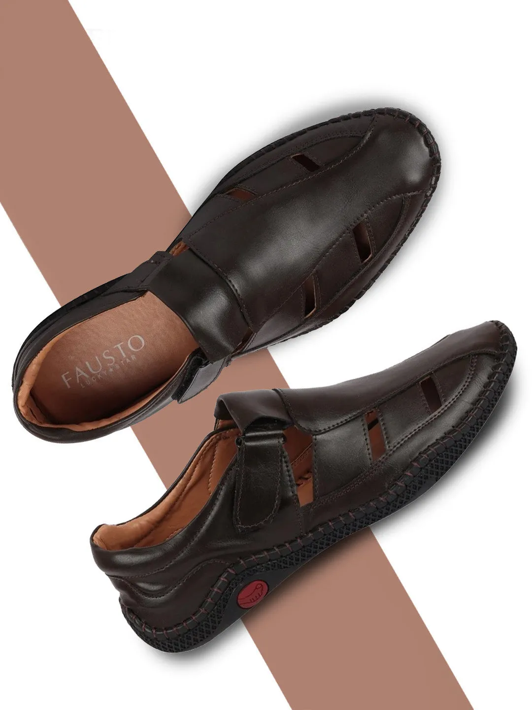 Men Brown Stitched Fisherman Flexi Sandals