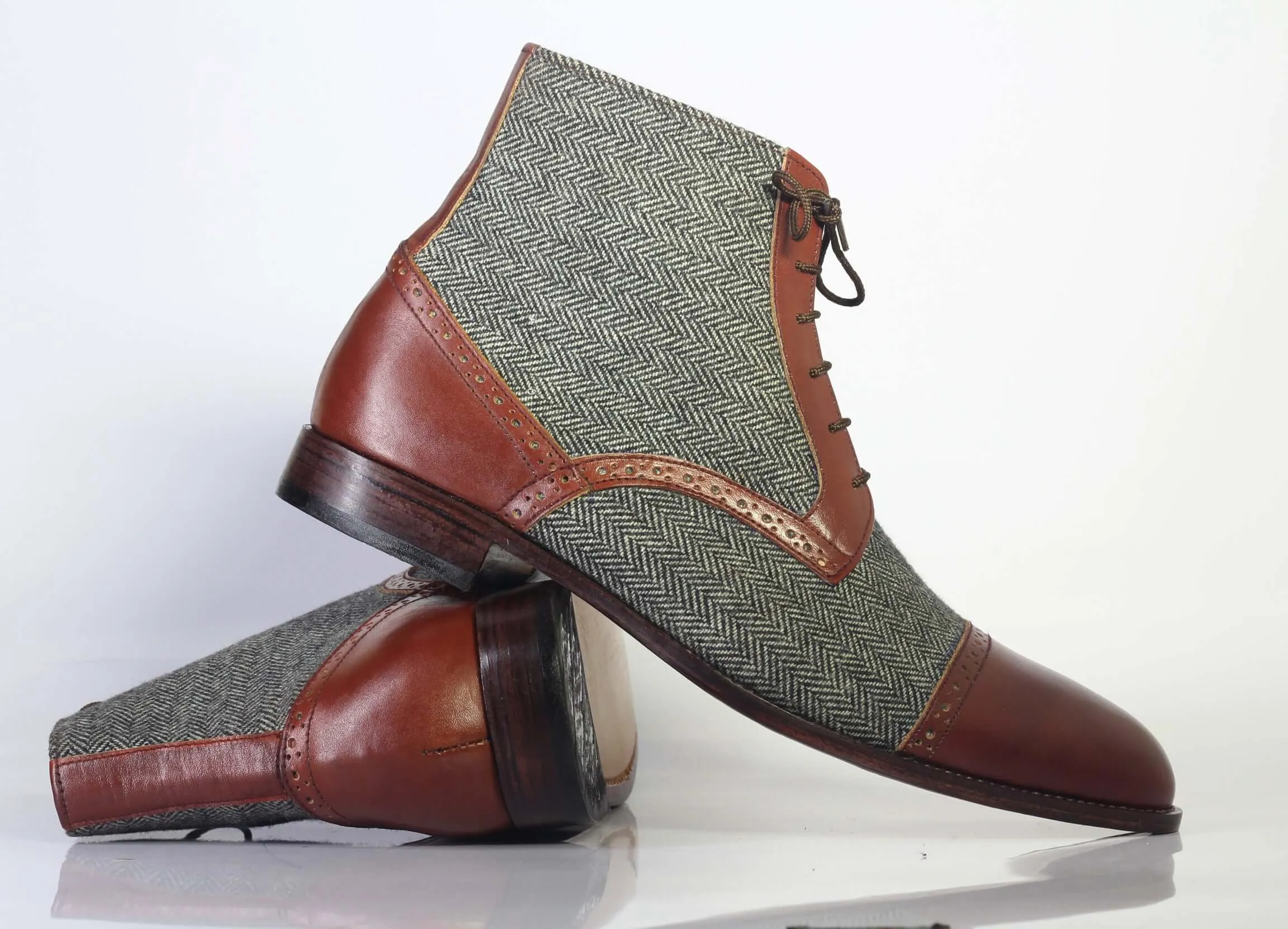 Men’s Handmade 2 Tone Leather Tweed Boots, Men Ankle High Lace Up Designer Boots