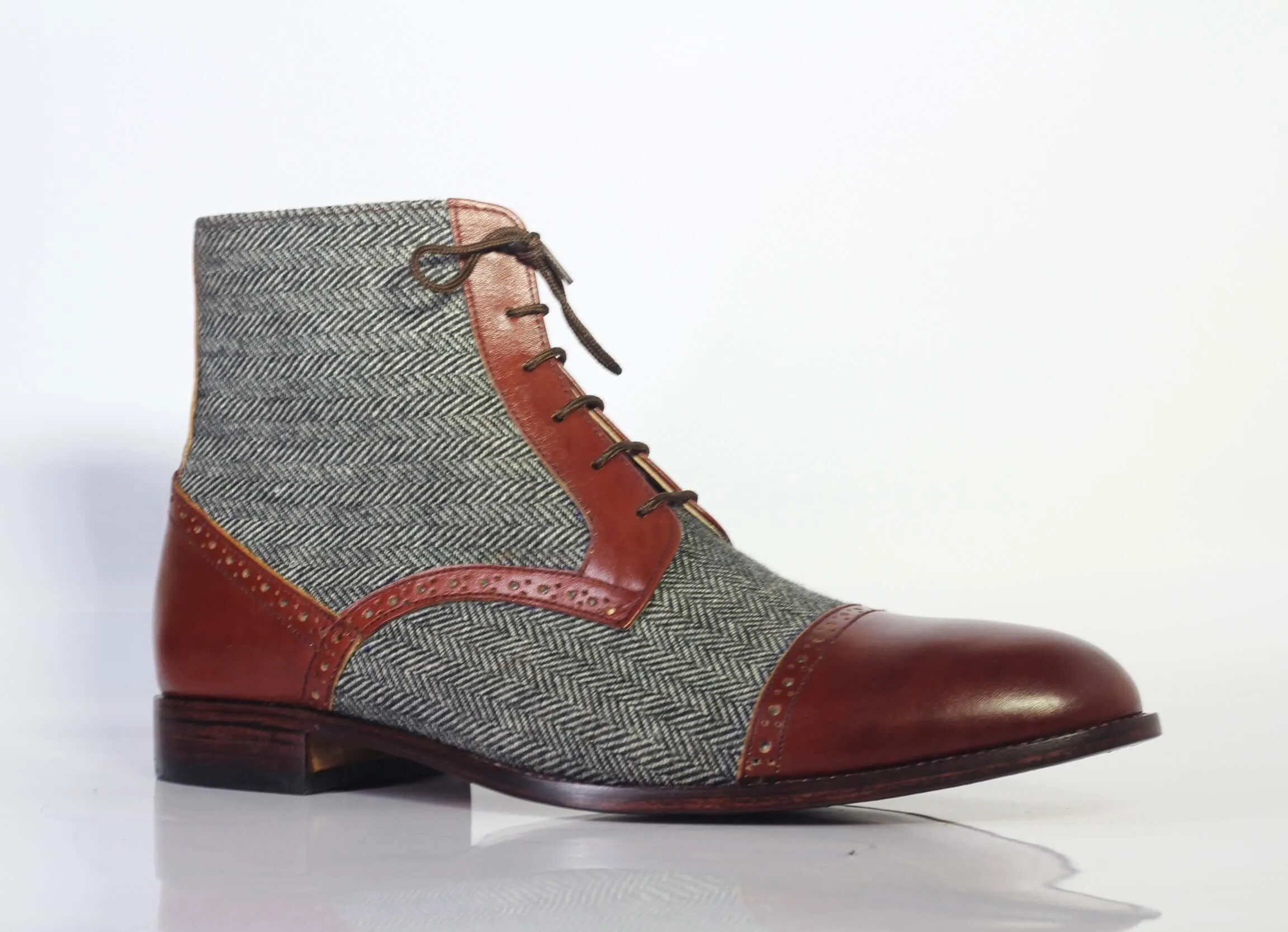 Men’s Handmade 2 Tone Leather Tweed Boots, Men Ankle High Lace Up Designer Boots