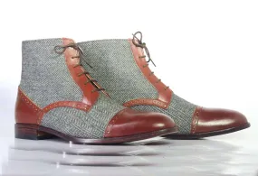 Men’s Handmade 2 Tone Leather Tweed Boots, Men Ankle High Lace Up Designer Boots