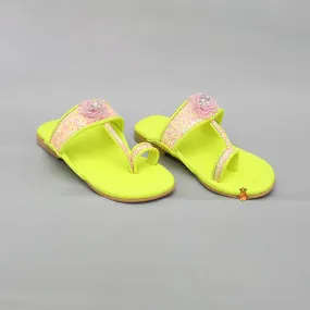 Multicoloured Hand Embroidered Flower Strap Green Kolhapuri Flats