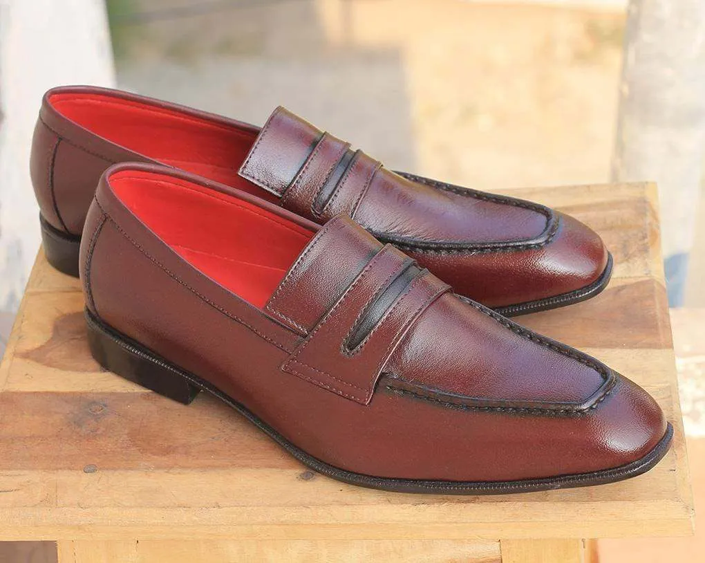 New Handmade Men's Burgundy Leather Penny Loafers, Men Dress Fashion Driving Shoes