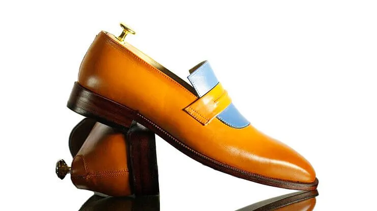 New Handmade Men's Tan Blue Leather Penny Loafers, Men Dress Fashion Driving Shoes