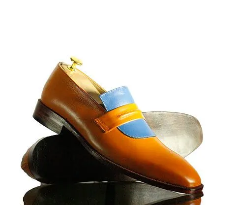 New Handmade Men's Tan Blue Leather Penny Loafers, Men Dress Fashion Driving Shoes