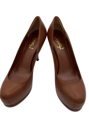 NEW YSL Cognac Leather Tribtoo Platform Heels