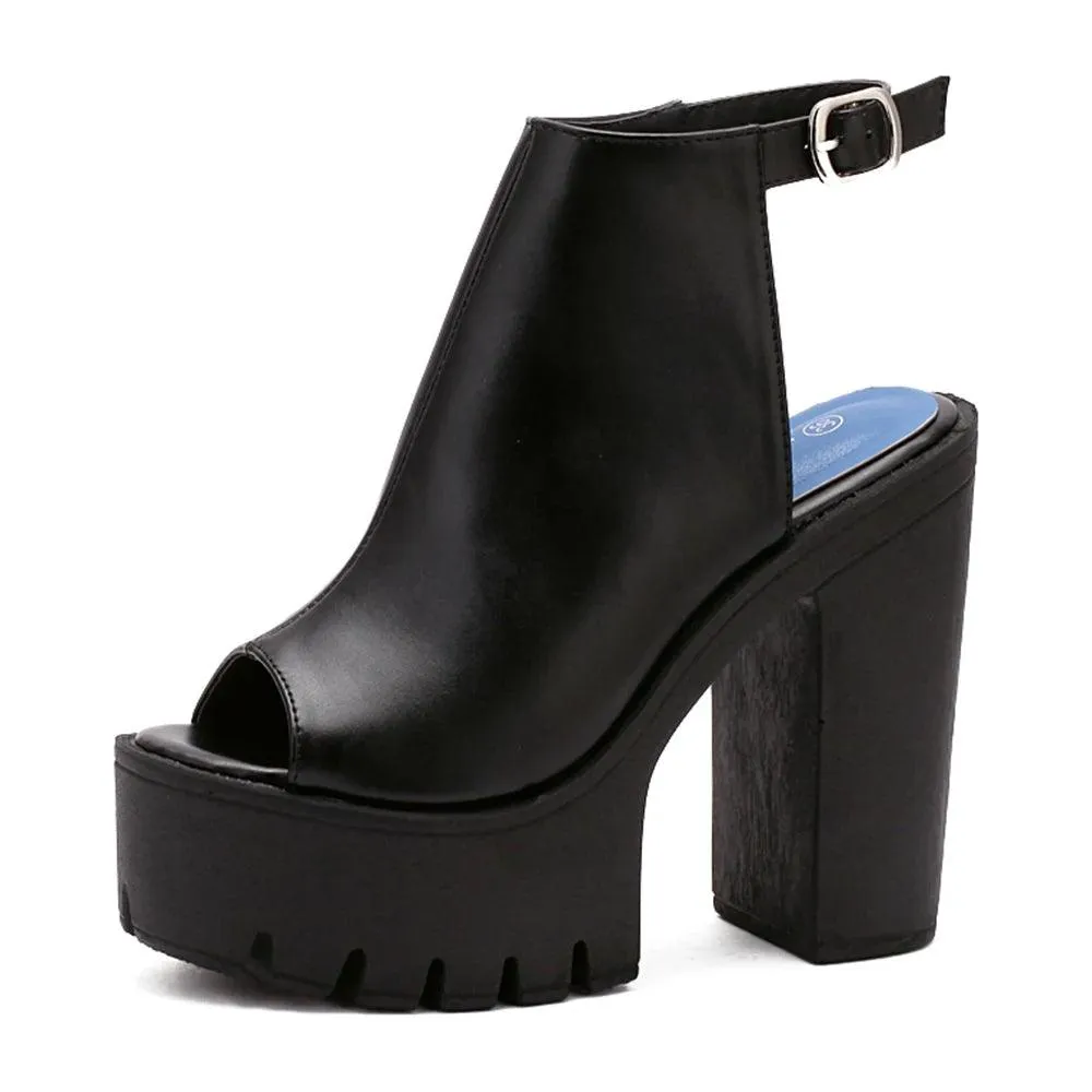 Platform Block High Heels Black Peep Toe Slingbacks