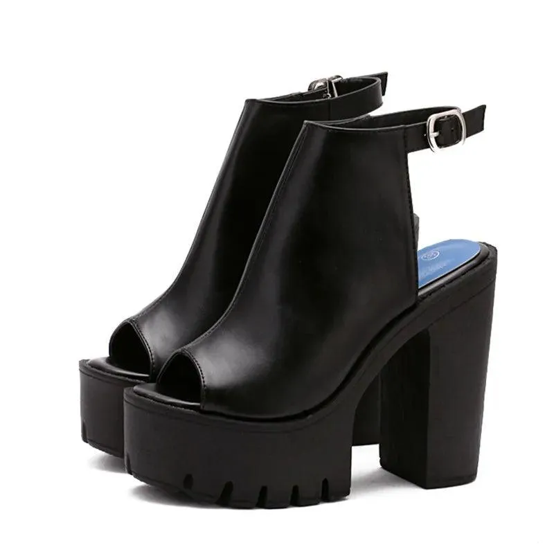 Platform Block High Heels Black Peep Toe Slingbacks