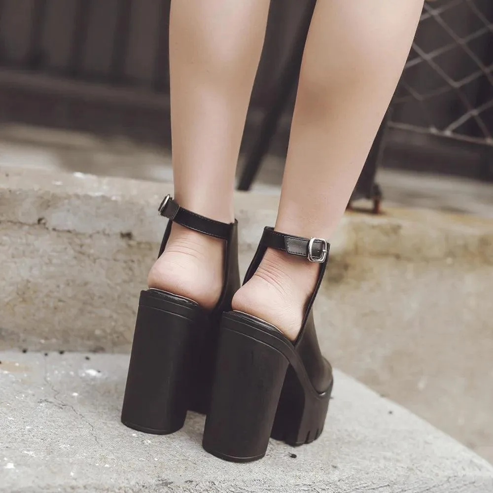 Platform Block High Heels Black Peep Toe Slingbacks