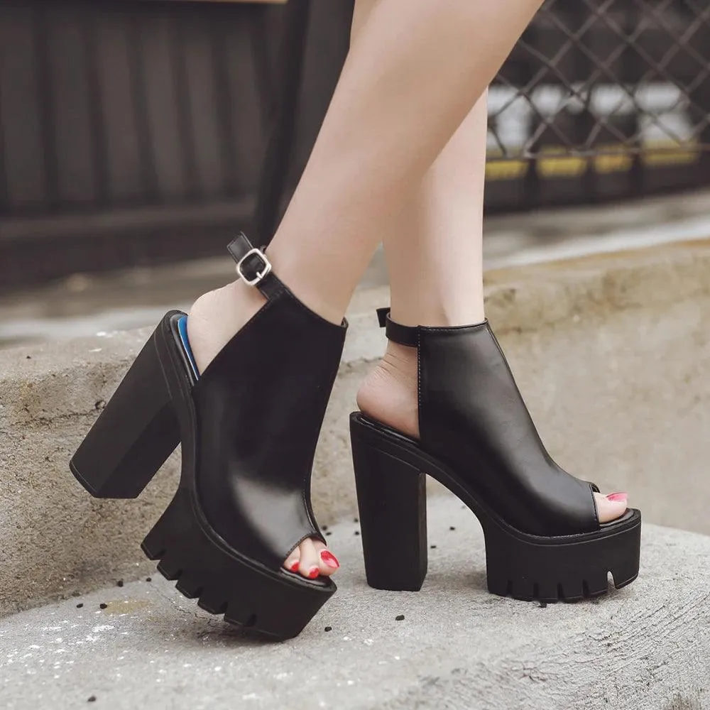 Platform Block High Heels Black Peep Toe Slingbacks