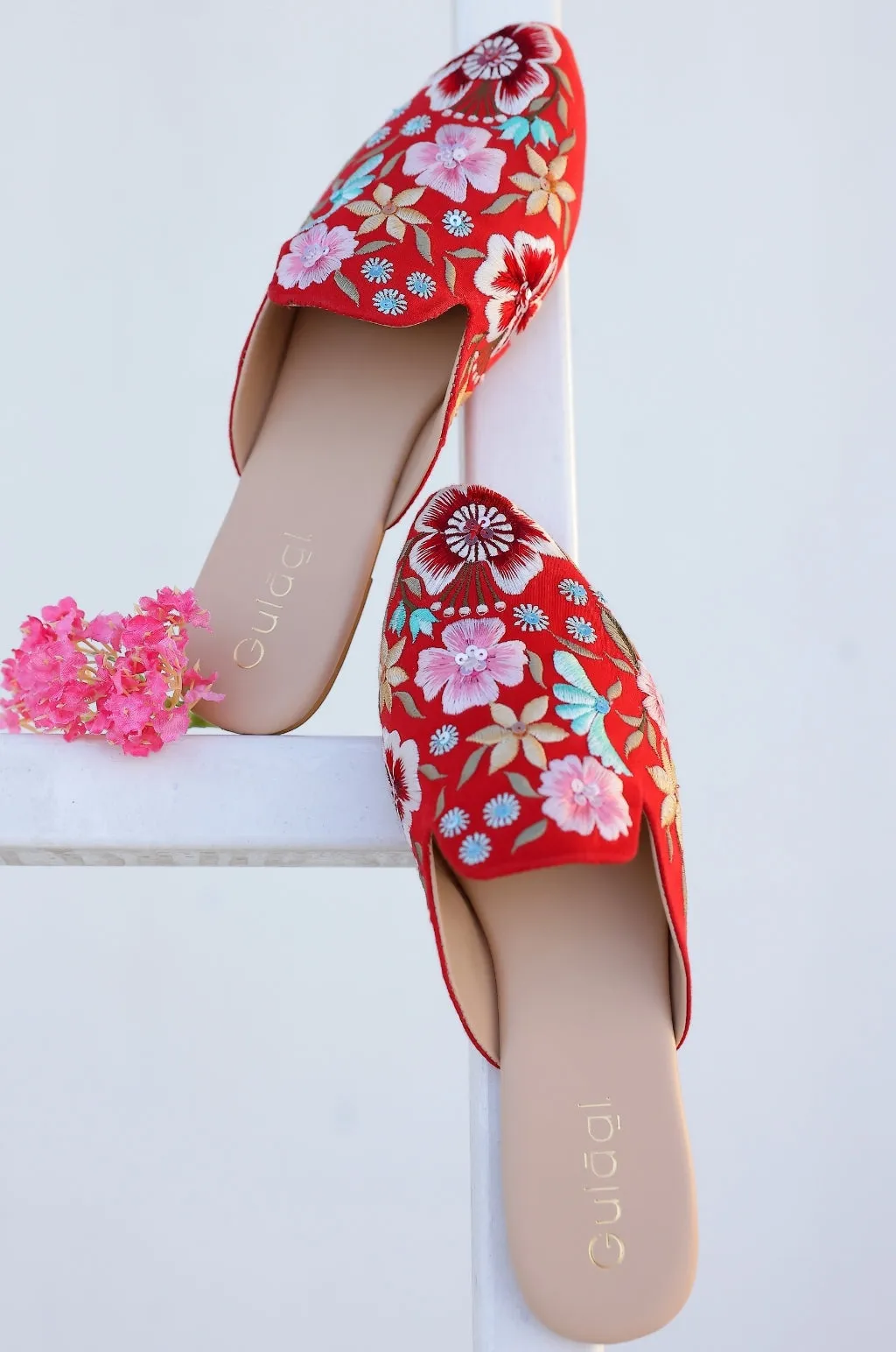 Red Floral Embroidered Mule