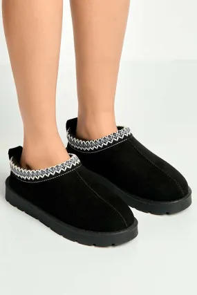 Sigrid Embroidered Faux Fur Lining Slippers in Black