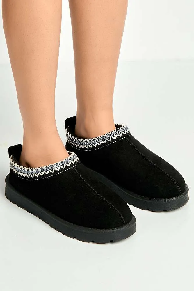 Sigrid Embroidered Faux Fur Lining Slippers in Black