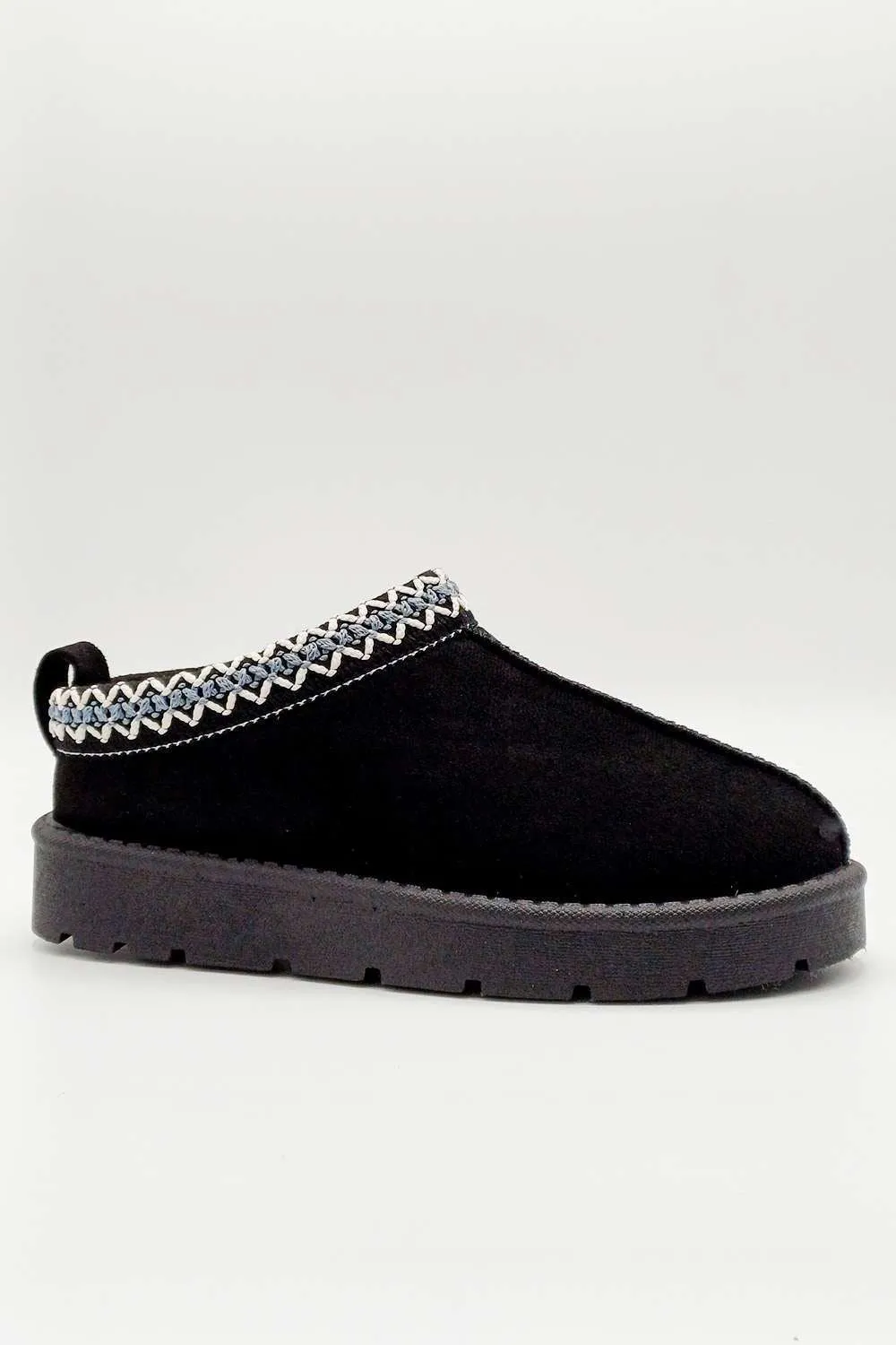 Sigrid Embroidered Faux Fur Lining Slippers in Black