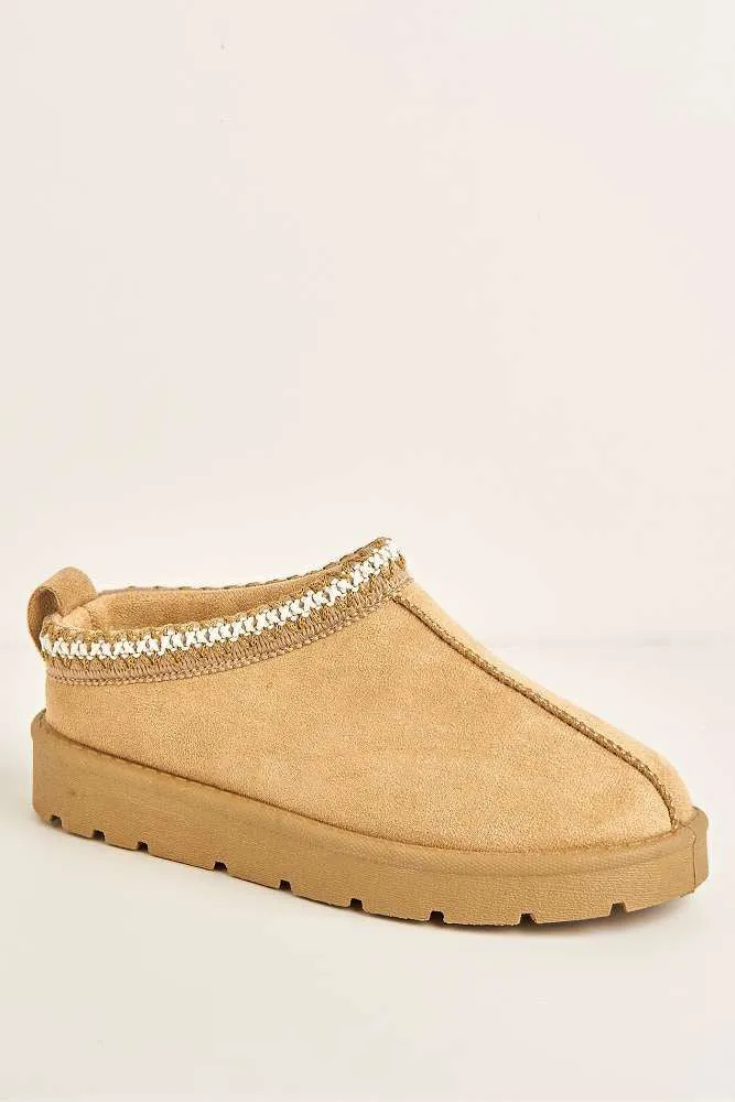 Sigrid Embroidered Faux Fur Lining Slippers in Sand