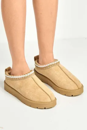 Sigrid Embroidered Faux Fur Lining Slippers in Sand