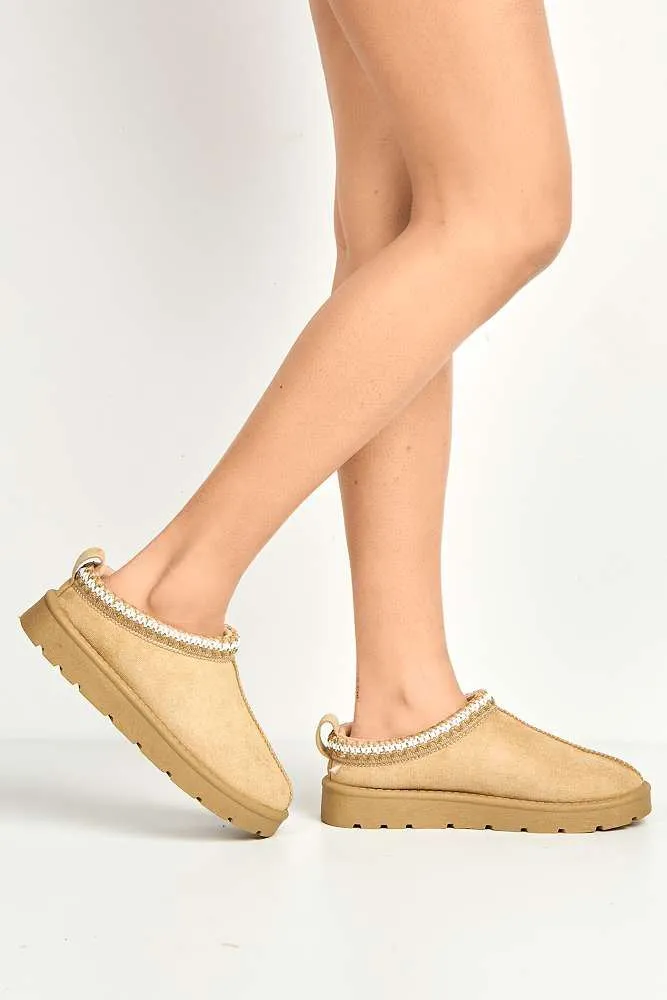 Sigrid Embroidered Faux Fur Lining Slippers in Sand