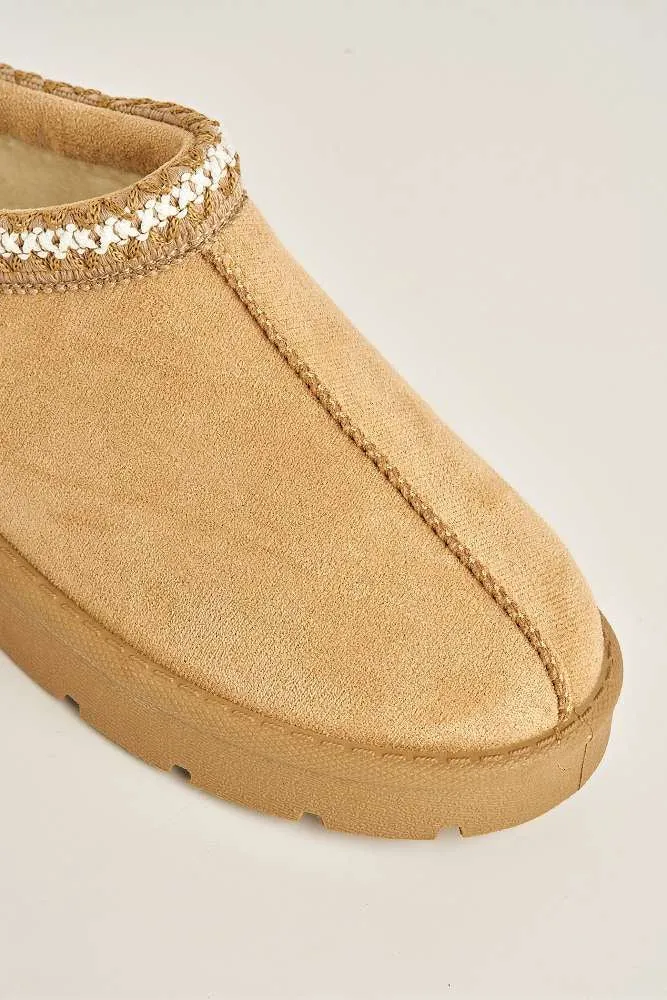 Sigrid Embroidered Faux Fur Lining Slippers in Sand