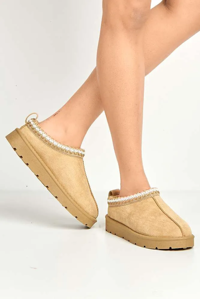 Sigrid Embroidered Faux Fur Lining Slippers in Sand