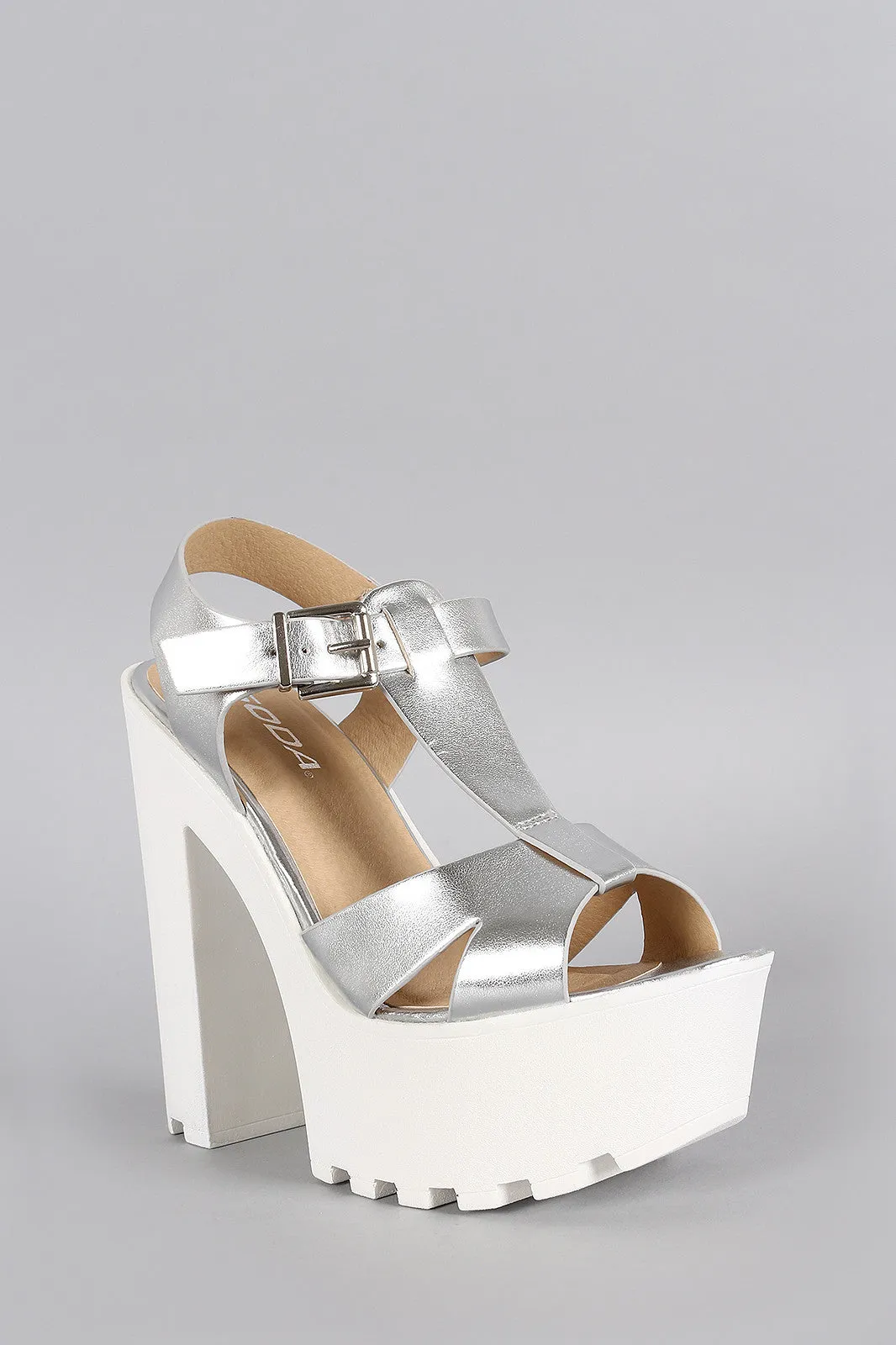 Soda Metallic T-Strap Lug Sole Platform Heel