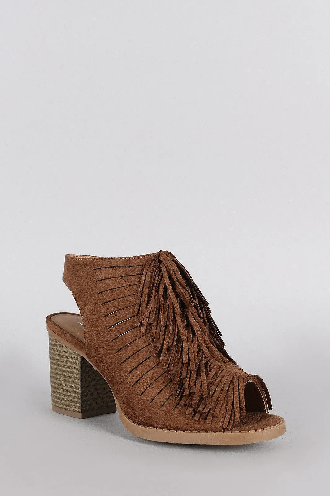 Soda Suede Fringe Peep Toe Mule Chunky Heel