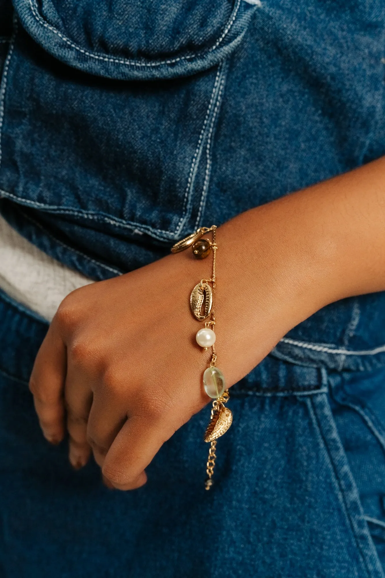 Stone Charm Bracelet With Semi-Precious Stones & Shell Pendants