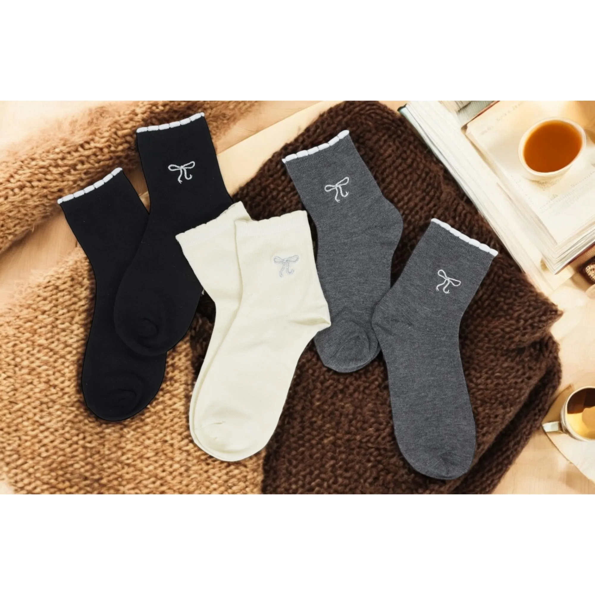 Women's 3-Pack Soft Knit Ankle Socks with Scalloped Trim and Embroidered Bow Detail