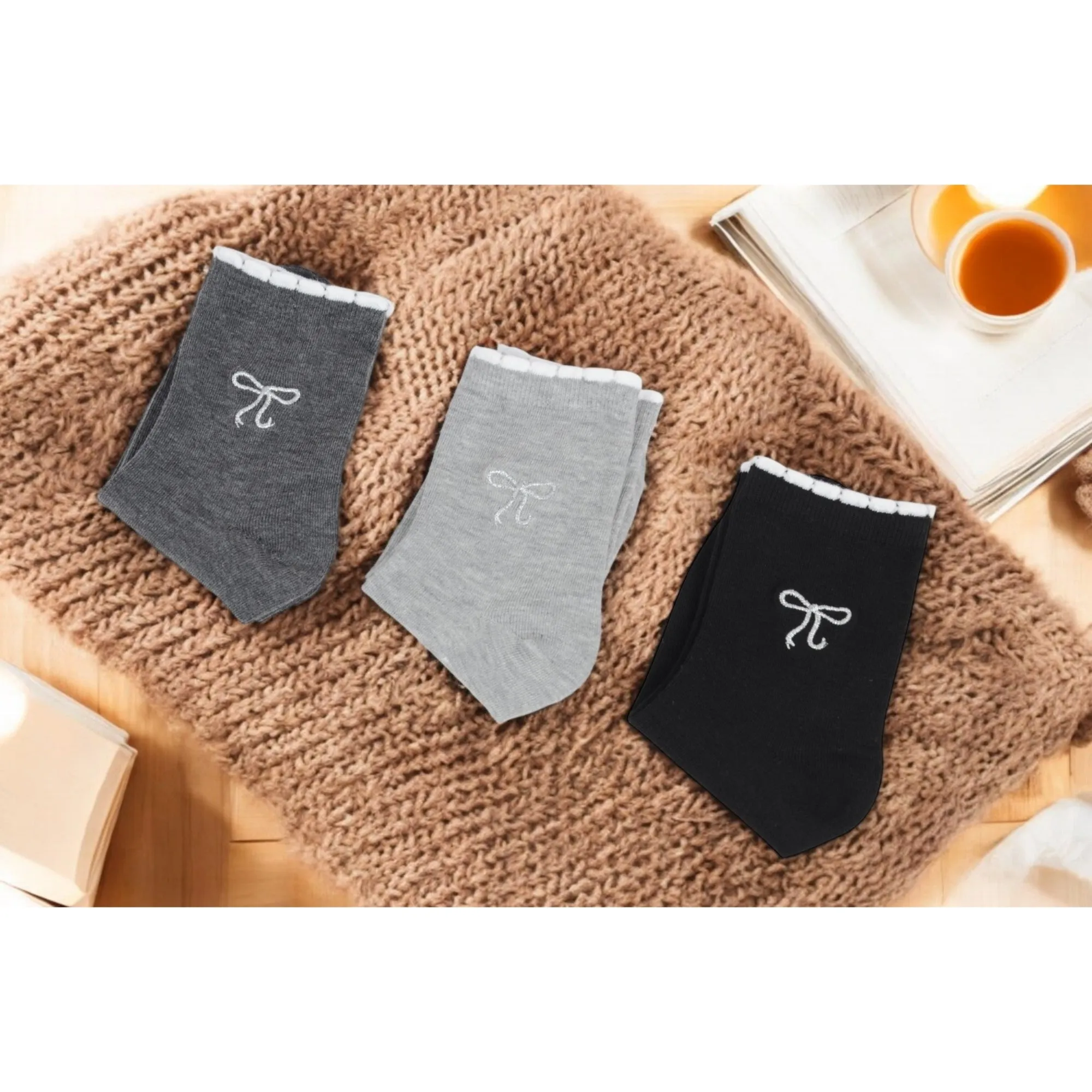 Women's 3-Pack Soft Knit Ankle Socks with Scalloped Trim and Embroidered Bow Detail