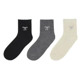 Women's 3-Pack Soft Knit Ankle Socks with Scalloped Trim and Embroidered Bow Detail