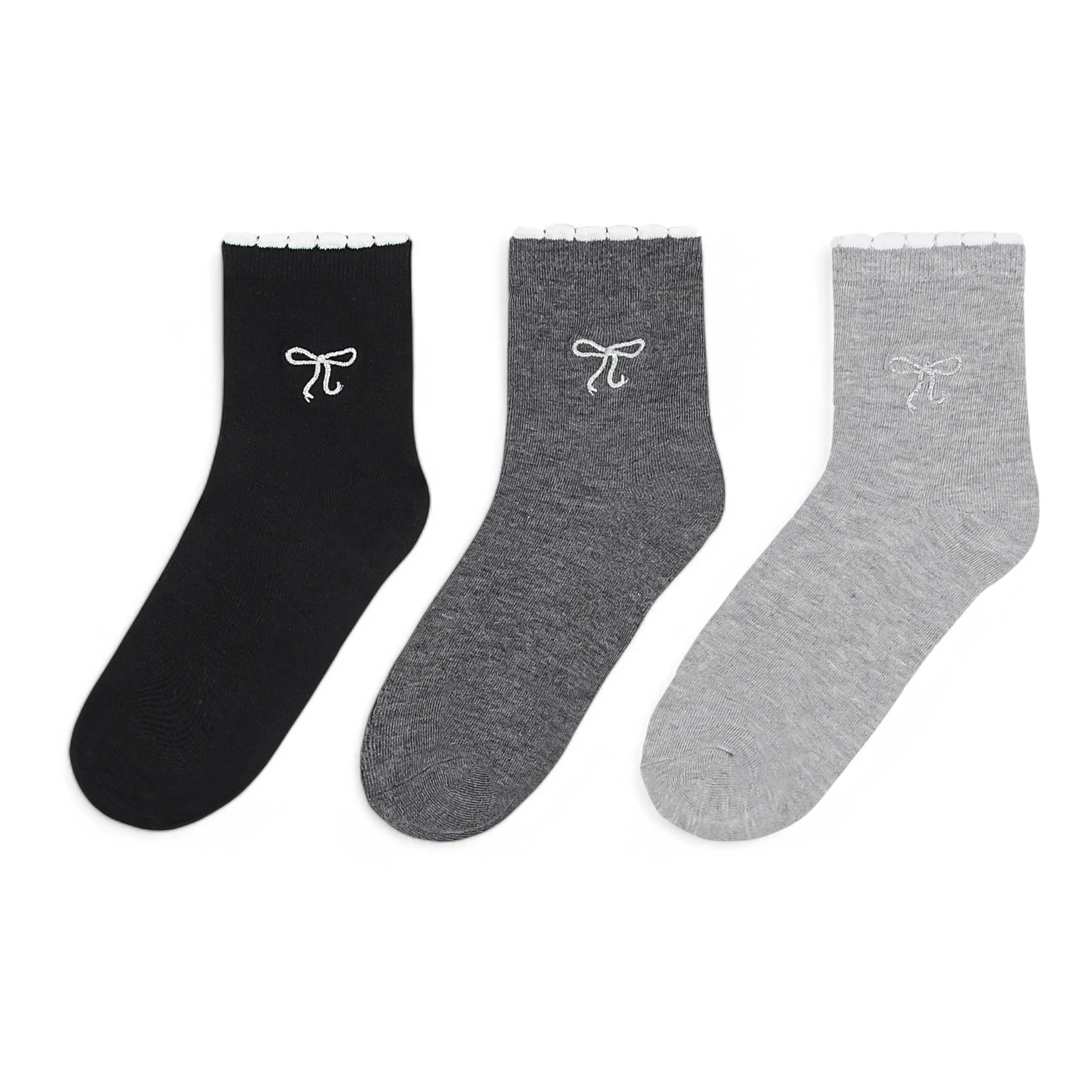 Women's 3-Pack Soft Knit Ankle Socks with Scalloped Trim and Embroidered Bow Detail