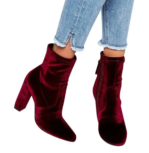 Women's Autumn/Winter Square-Heeled Velvet Ankle Boots