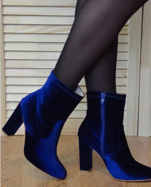 Women's Autumn/Winter Square-Heeled Velvet Ankle Boots