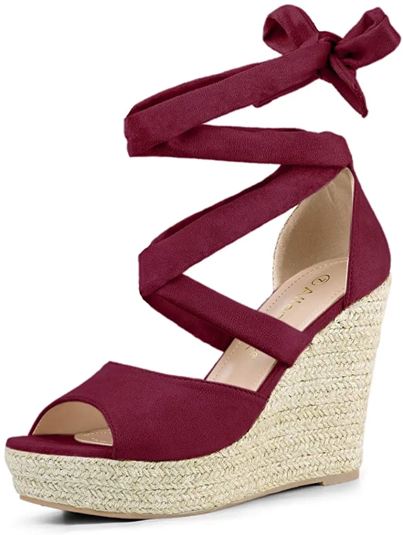 Women's Burgundy Red Lace Up Espadrilles Wedge Sandals