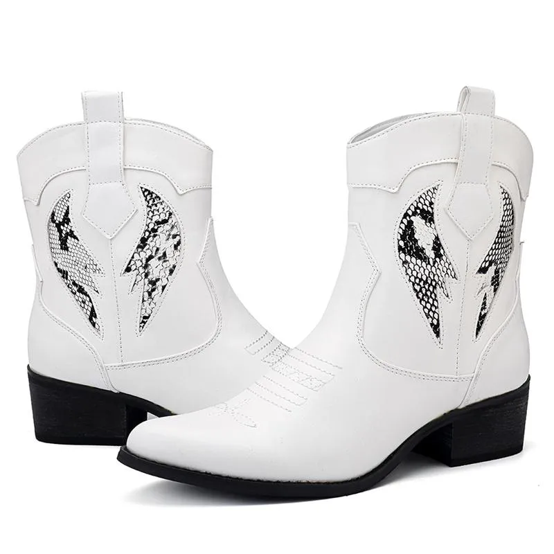 Women's Fashion Cowgirl Western Ankle Boots - Black,White