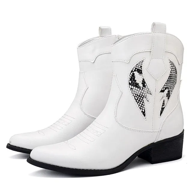 Women's Fashion Cowgirl Western Ankle Boots - Black,White